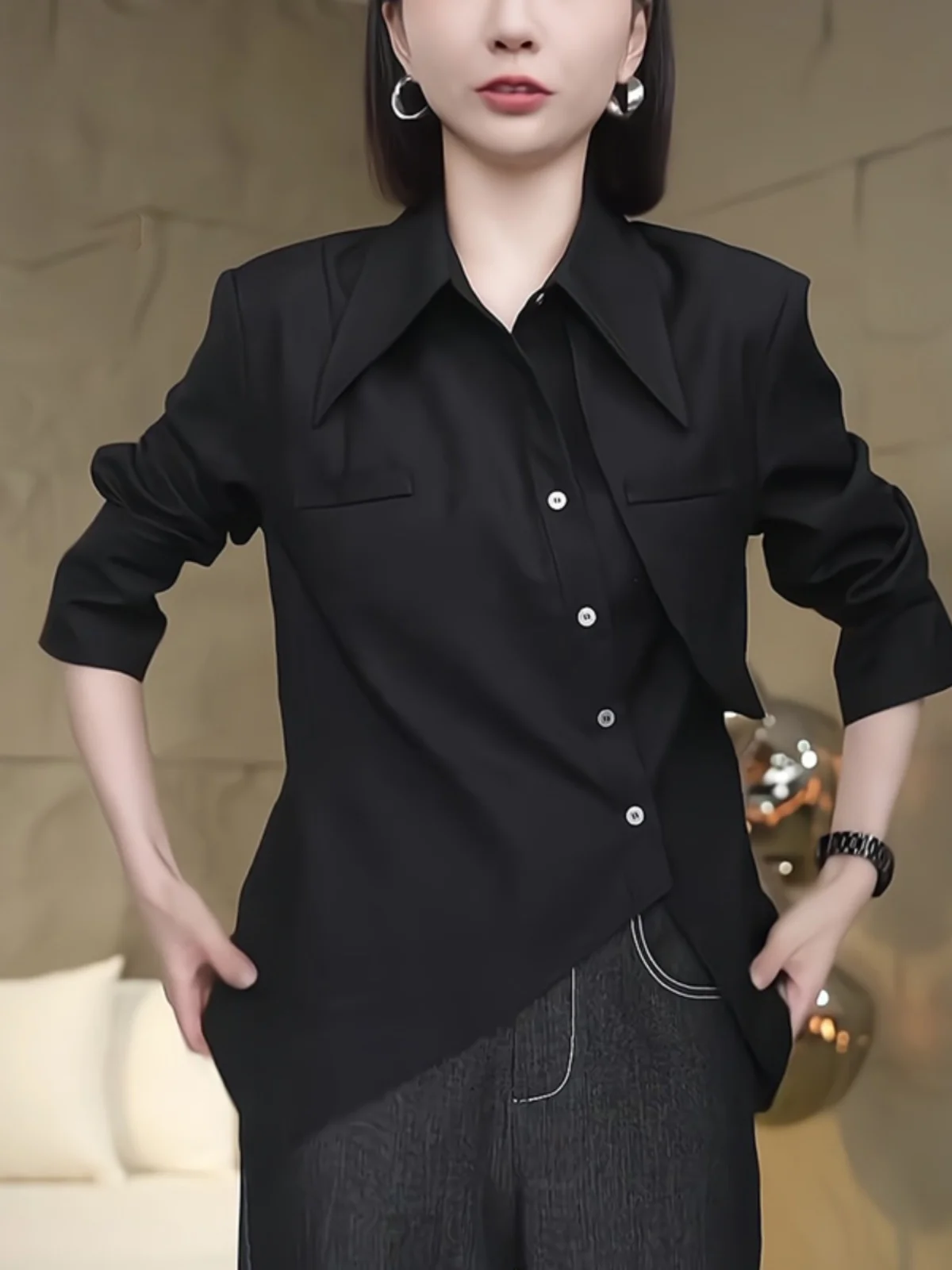 

Gtuq Korean Sle Faion Asymmetrical Bla Slit Top Women's Spring Autumn Trendy Unique irt Trendy Commute Sle Stand...