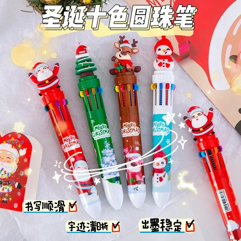 12Pcs Christmas cute creative ten-color pen ballpoint pen, press-action student gift multi-color pen office supplies