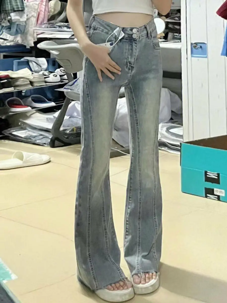 

Джинсы-колокольчики с высокой талией для женщин, осенние модные длинные брюки в стиле ретро с копытами, двойные синие лоскутные длинные брюки