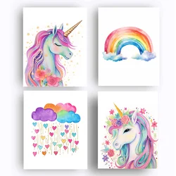 Unicorn Wall Art, Printable Unicorn Poster, Girls Room Decor, Unicorn Gold Glitter Canvas Painting, Cloud Rainbow Prints Picture