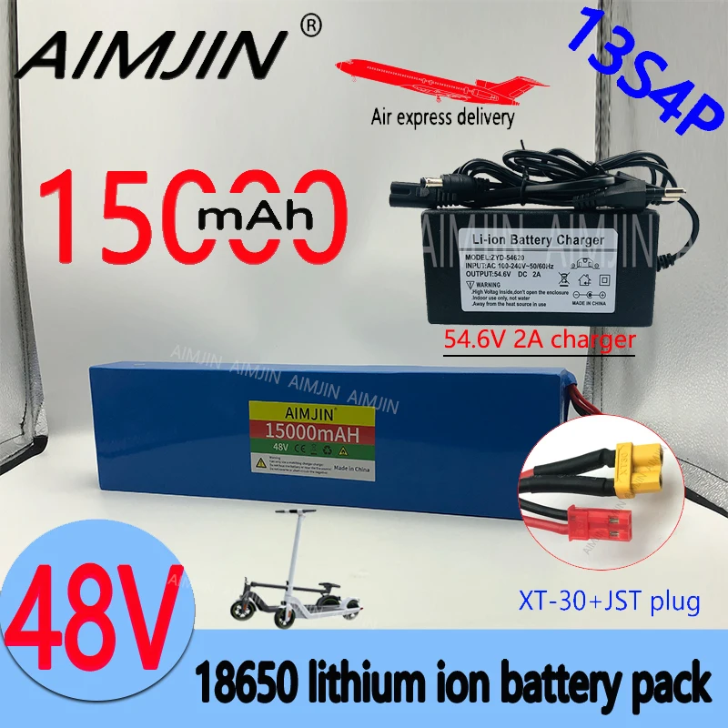 18650 13s4p for Electric bicycle and scooter 48V 15000mAh high-power 1000W Li-ion Replace Battery Pack with BMS XT30 JST Plug+Ch