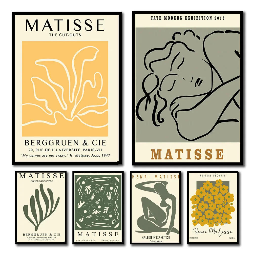 Pósteres de Matisse con diseño de flores abstractas, color verde salvia, adecuados para decoración en salas de estar, dormitorios y oficinas