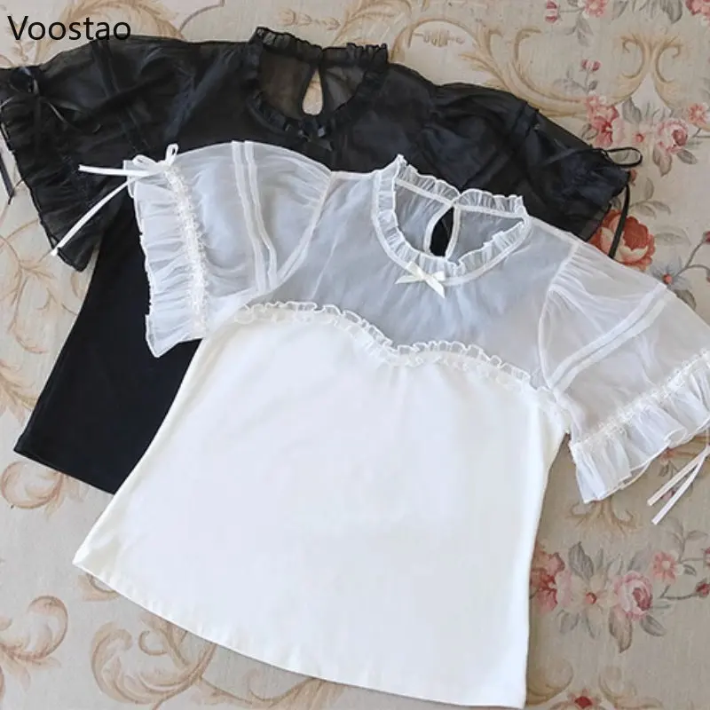 Vintage Gothic Elegant Lolita Blouses Summer Women Japanese Kawaii Lace Ruffles Mesh Bow Chiffon Shirt Girls Sweet Inside Tops