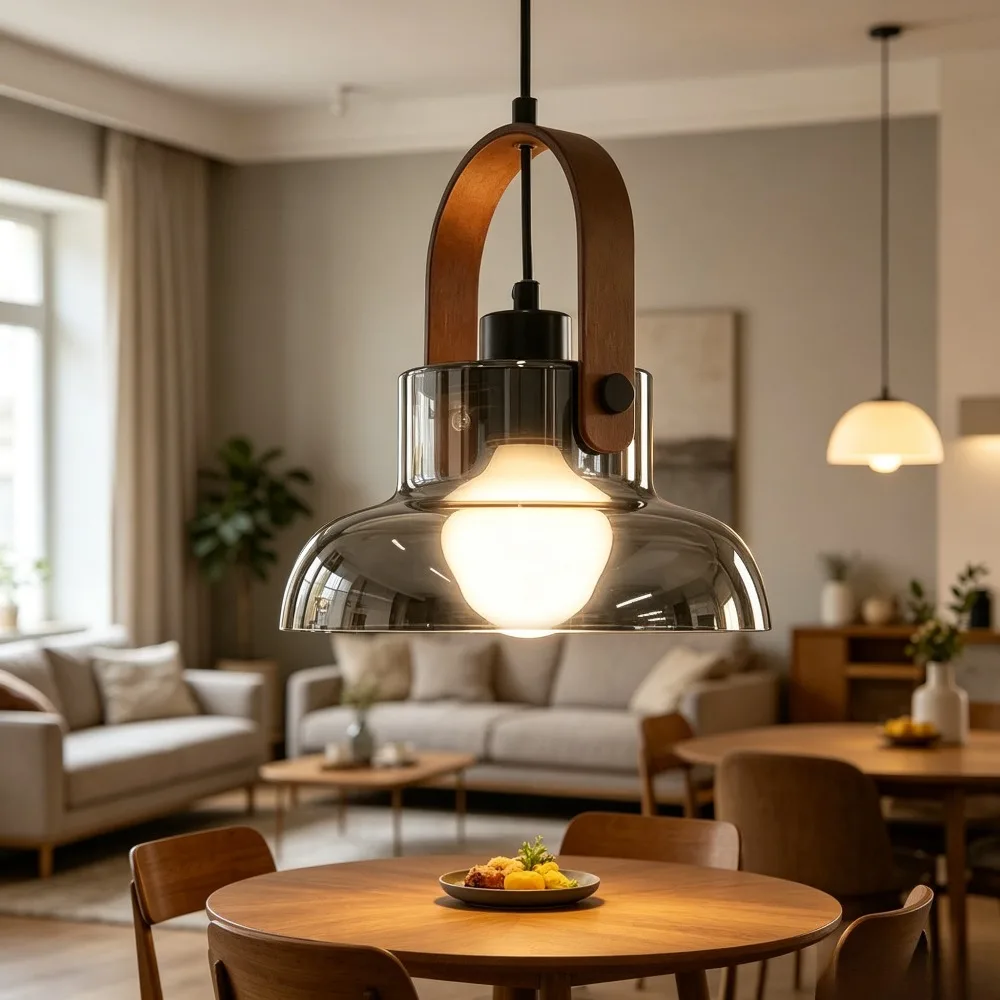 Modern Glass Pendant Light Fixture Mid-Century Hanging Lamp Ash Walnut Wood Handle Nordic Clear Smoked Glass LED E27 Bulb
