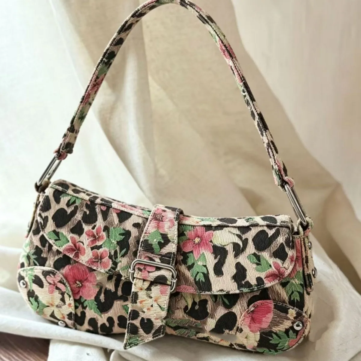 

2026 New Y2K Color Block Denim Underarm Bag Fashion Niche Leopard Print floral print Single Shoulder Bag Street Trend Bag