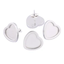 10pcs Stainless Steel Fit 12mm Heart Cabochon Earring Base Blanks Pin Studs Diy Bezel Settings For Jewelry Making Supplies