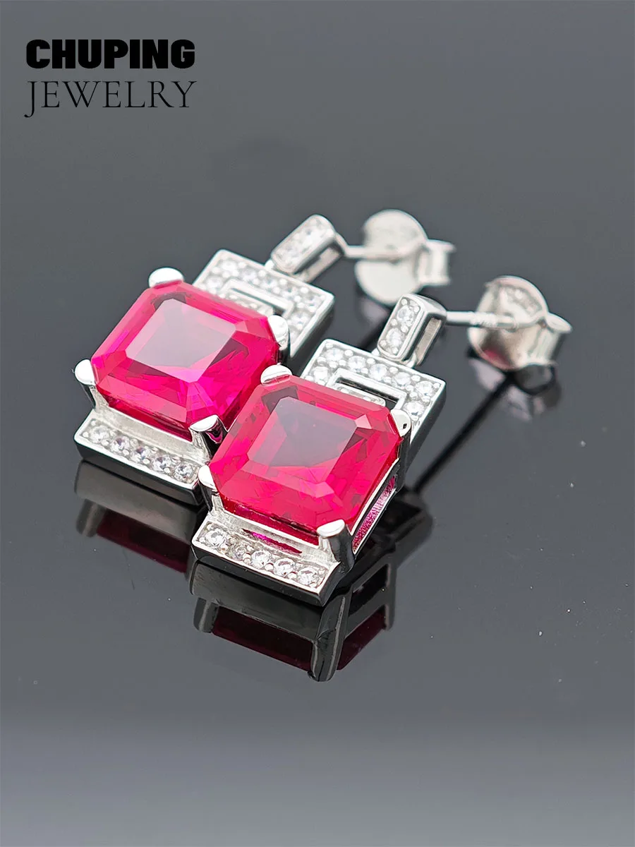 

ChuPing Lab Ruby Square Assher Cut Earrings 925 Silver Luxury Valentine Gift For Women's Classic Gift Sparkling Fine Jewelry