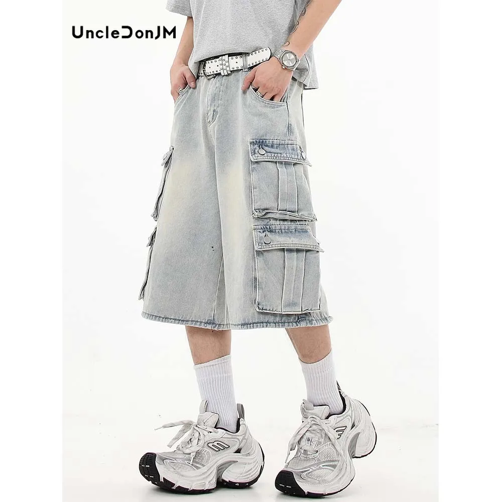 

Multi-pocket Cargo Shorts Retro Wide-leg Washed Denim Cropped Pants