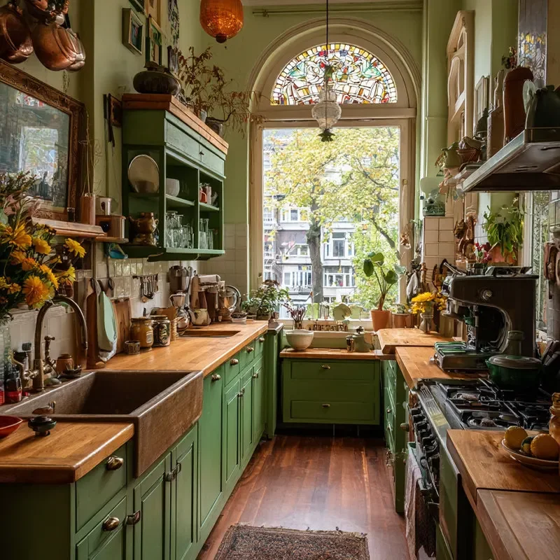 Whole house American pastoral style Japanese style log style green cabinet kitchen
