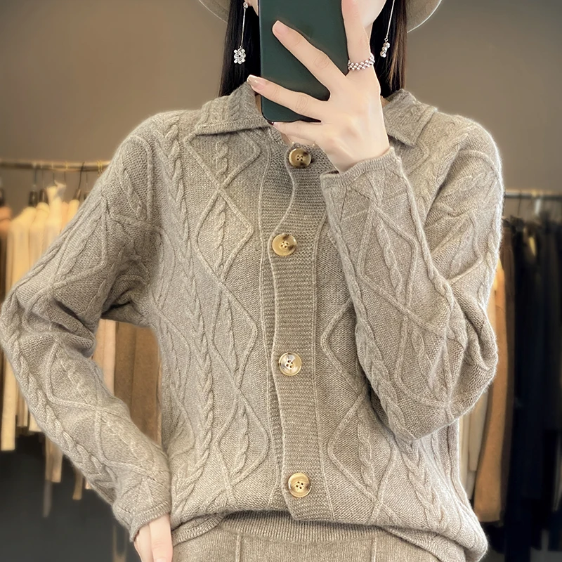 LDZWSM Casual Warm Lapel 100% Pure Wool Ladies Cardigan Sweater Hot Sale Long Sleeve Knit Jacket Women Cashmere Sweate