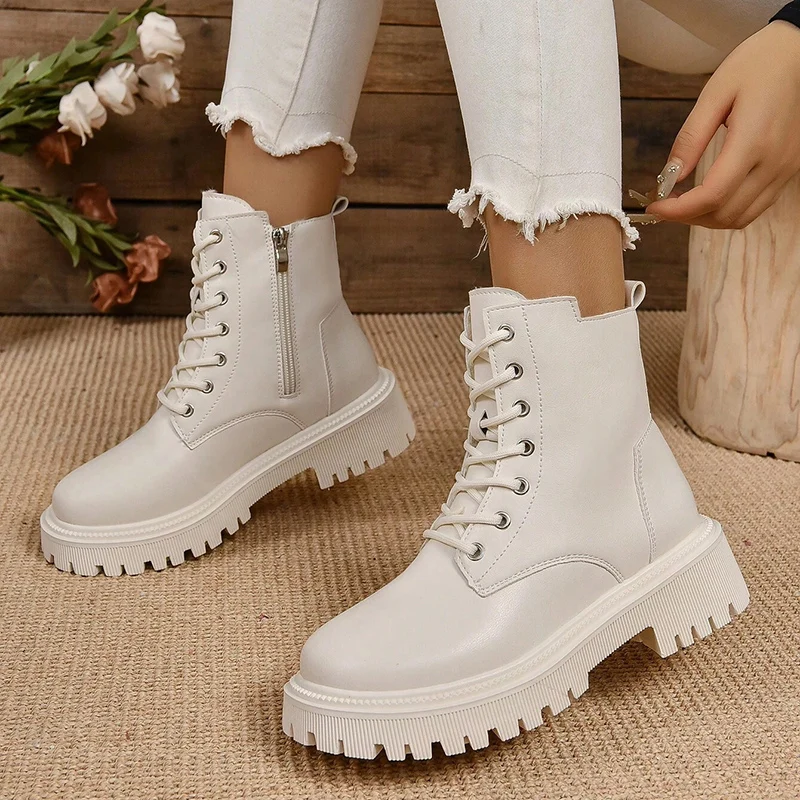 Winter Warm Short Plush Ankle Boots Women Fashion Zip Lace Up Platform Combat Boots Woman Comfy Low Heels Pu Leather Botas Mujer