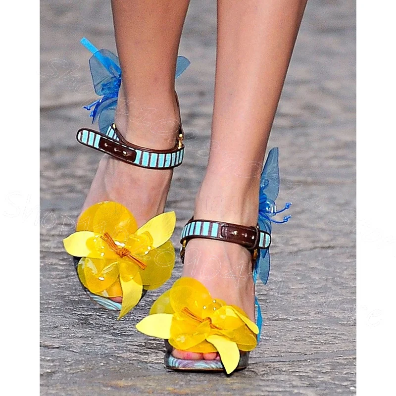 

Yellow PVC Appliques Stripe Design Sandals Buckle Strap Women Shoes Chunky High Heels New Party Runway 2025 Zapatos Para Mujere