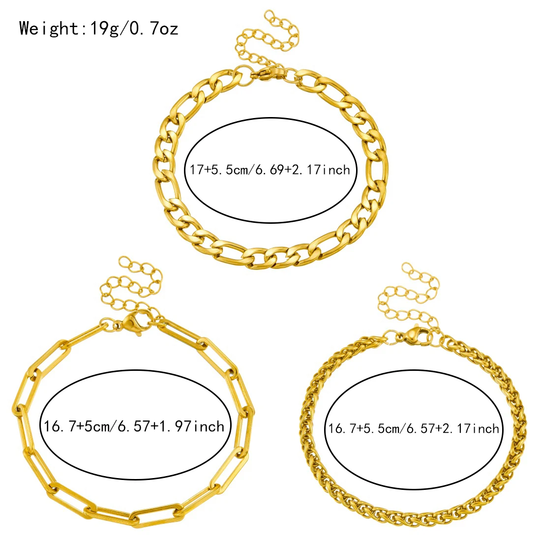 DIEYURO 316L Stainless Steel Golden Paperclip Bracelet 3pc Set Punk Chain Simple Multi-layer Stackable Hand Chain Lady Jewelry