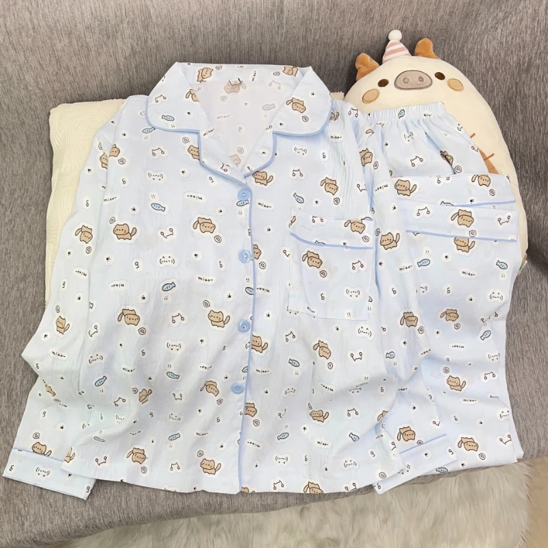 Spring and Autumn Naihu Sleepwear Women's Long Sleeved Pants Cute Plus Size Loose Home Suit Set with Cat Pattern Print Nightwear