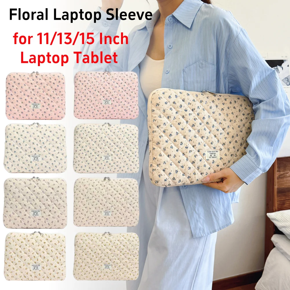 for 11/13/15 Inch Laptop Tablet Holder Flower Printed Laptop Sleeve Quilted Laptop Carrying Case Protective Cute Computer Sleeve