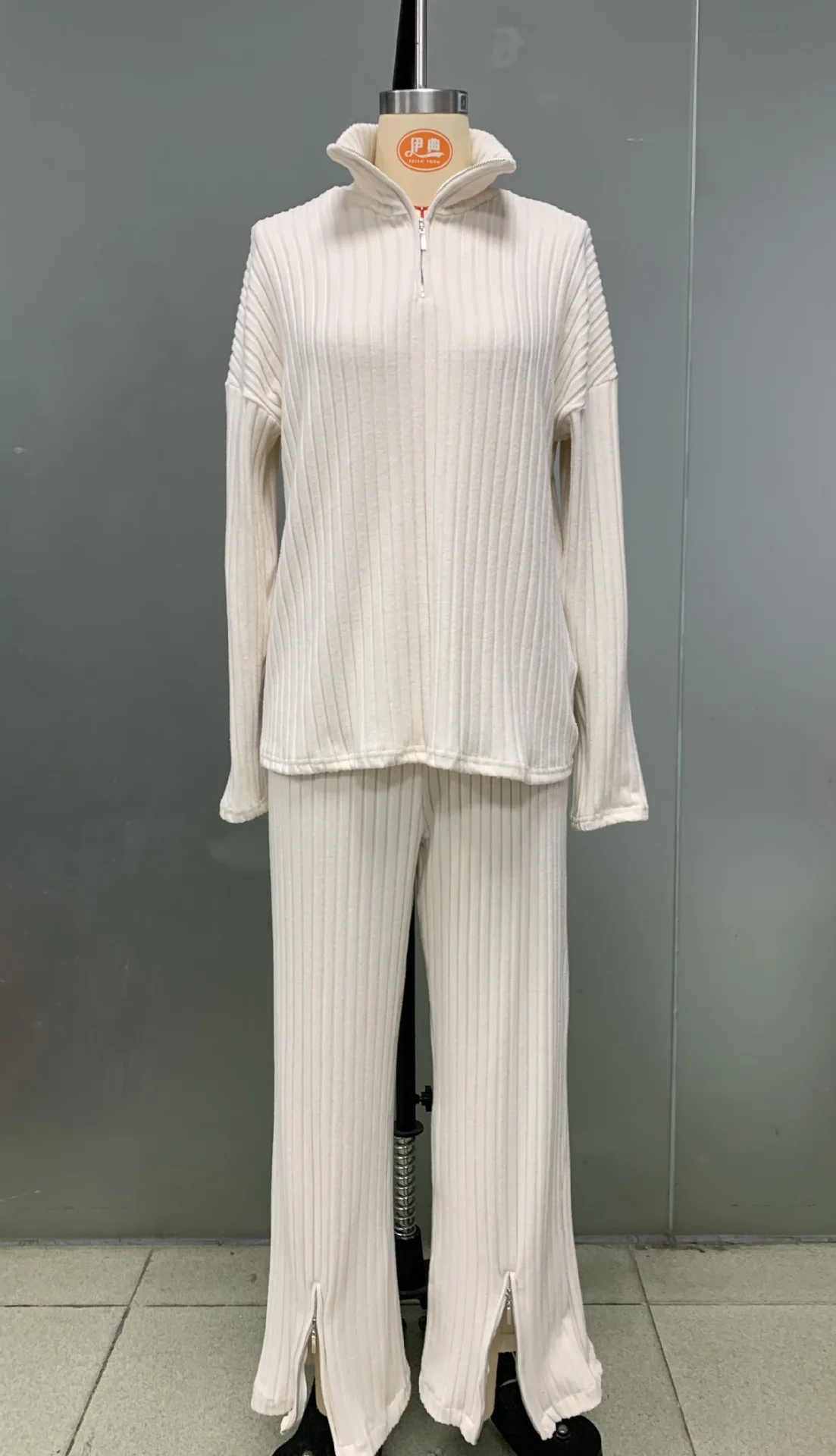 Winter Pant Sets 2 Pieces Set For Woman Half Zipper High Neck Ribbed Tracksuits Set Tops High Waist Split Wide Leg Trousers Suit