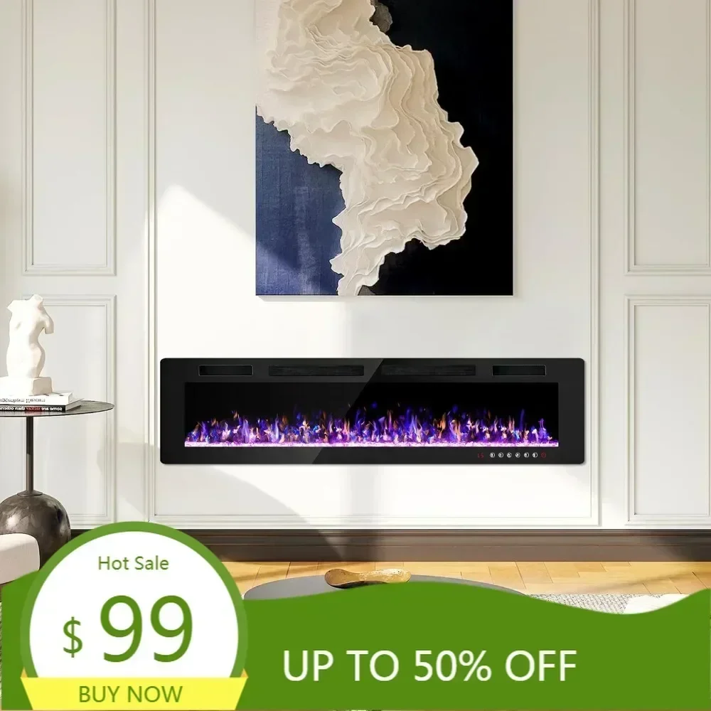 72인치 벽걸이형 슬림 전기 벽난로 (벽 내장형 디자인 및 다채로운 불꽃 기능 포함)