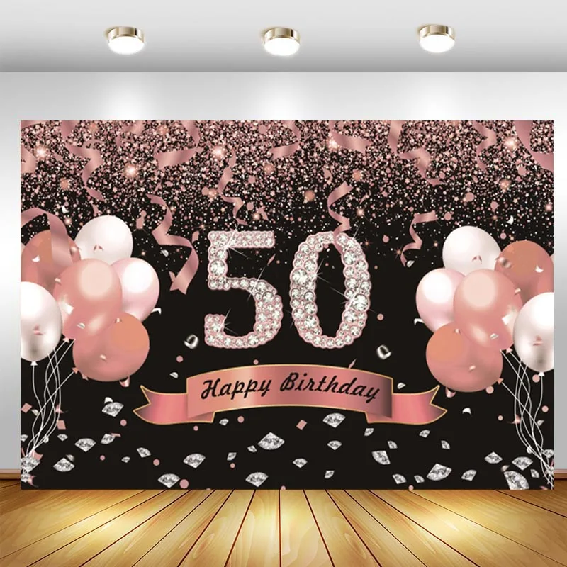 Pink 50th Photo Backdrop Rose Gold Balloon Men Woman 50 Years Old Birthday Party Photography Background Photocall Props Banner