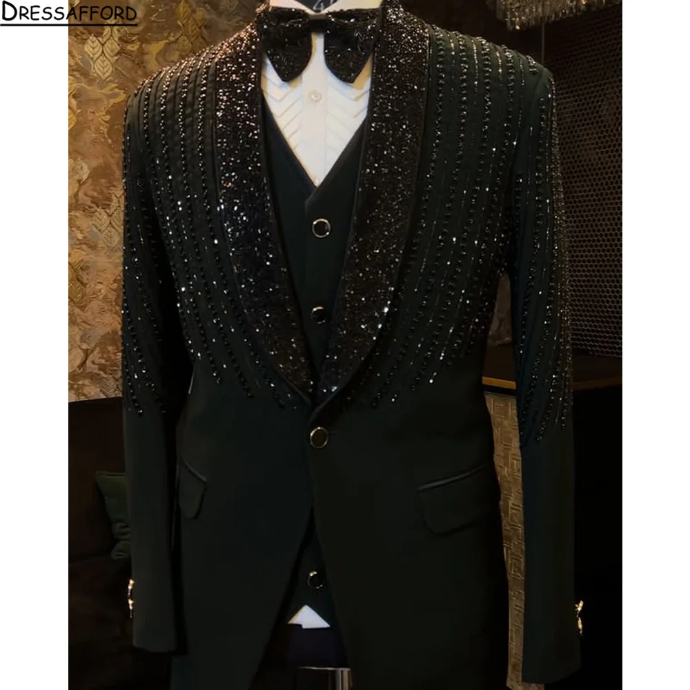 

Роскошный формальный черный свадебный мужской костюм, облегающий смокинг для жениха, жениха, дизайн, блестящий пиджак с шалью и лацканами, брюки, 2 шт.