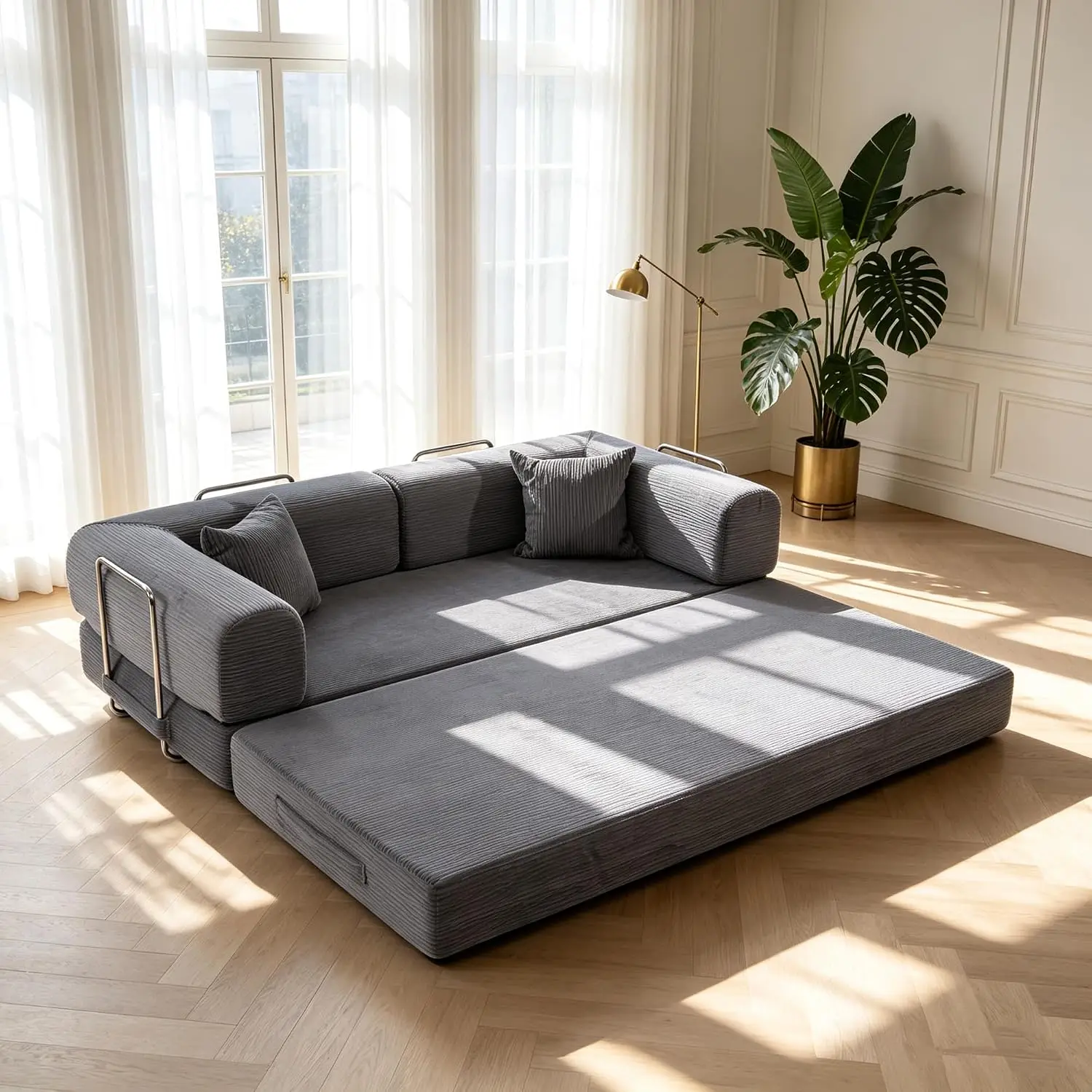 4-in-1 Floor Sofa King Size No Assembly, Upholstered Boneless Pull Out Couch Bed with 2 Pillows, Oversized Corduroy, Customized