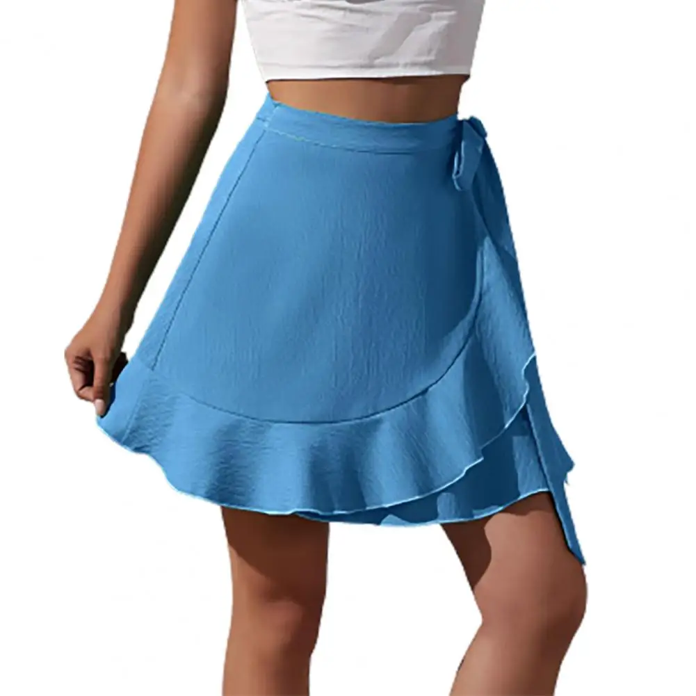 

Women Mini Skirt High Waist Ruffles Bow-knot Lace Up A-line Dress-up Soft Dating Party Lady Summer Skirt Female Clothes