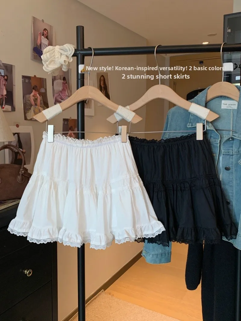 White Lace Trim Splice A-Line  Skirt Women's Summer Cake Skirt High Waist Slimming Fluffy Half-length Skirt
