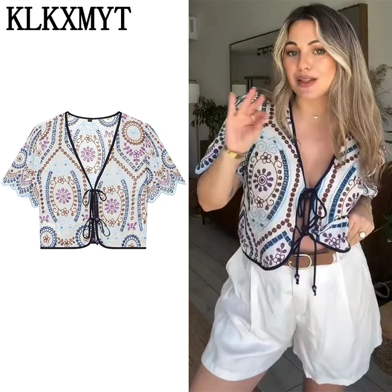 

KLKXMYT Women's Fashion Hollow Out Embroidery Shirt Summer Short Sleeve Casual Daily Commute Wear Elegant Blouse Top