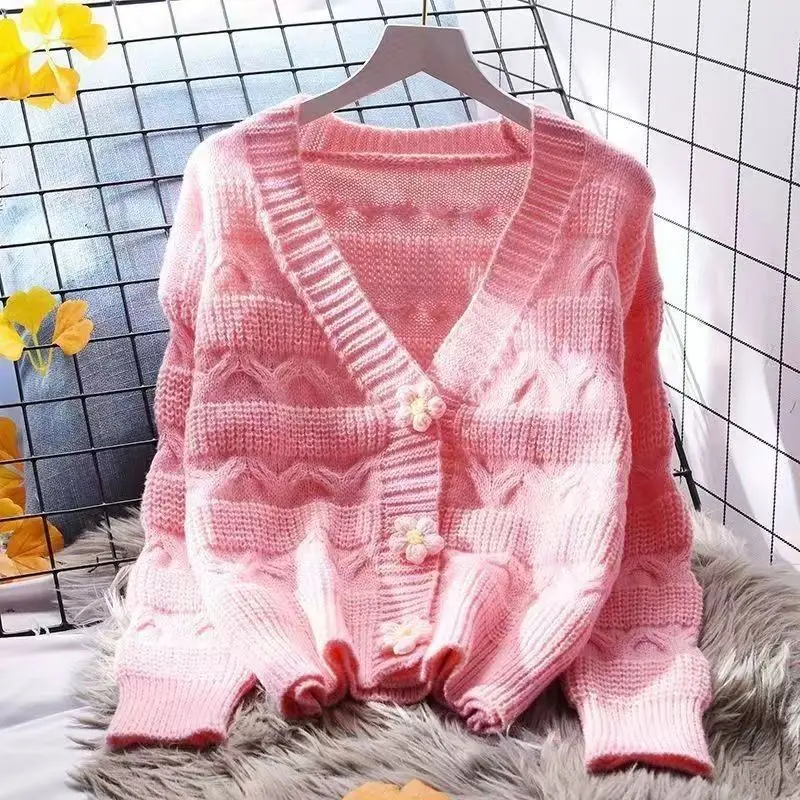 Sweet V-neck Knitting Cardigan Women Autumn Winter Loose Solid Color Long Sleeve Knitwear Tops All-match Trend Knitting Sweater