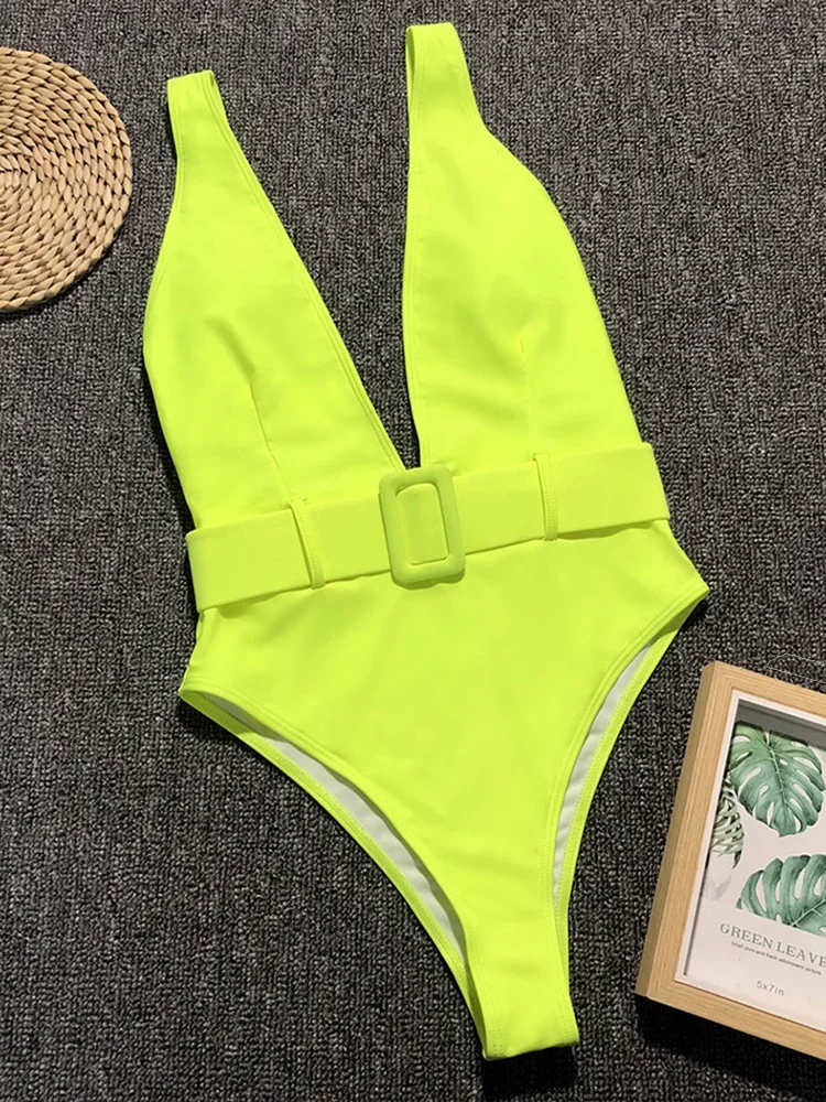 2024 Deep V Neon High Cut Women Swimwear One Piece Swimsuit Female With Waistband Monokini High Waist Bathing Suit Swim Bodysuit