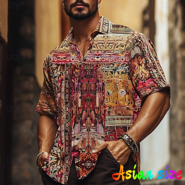 

2025 Summer Vintage Stripe Men Hawaiian Shirt Street Retro Style Shirt For Men Casual Hawaiian Party Shirts Beach Flower Shirt