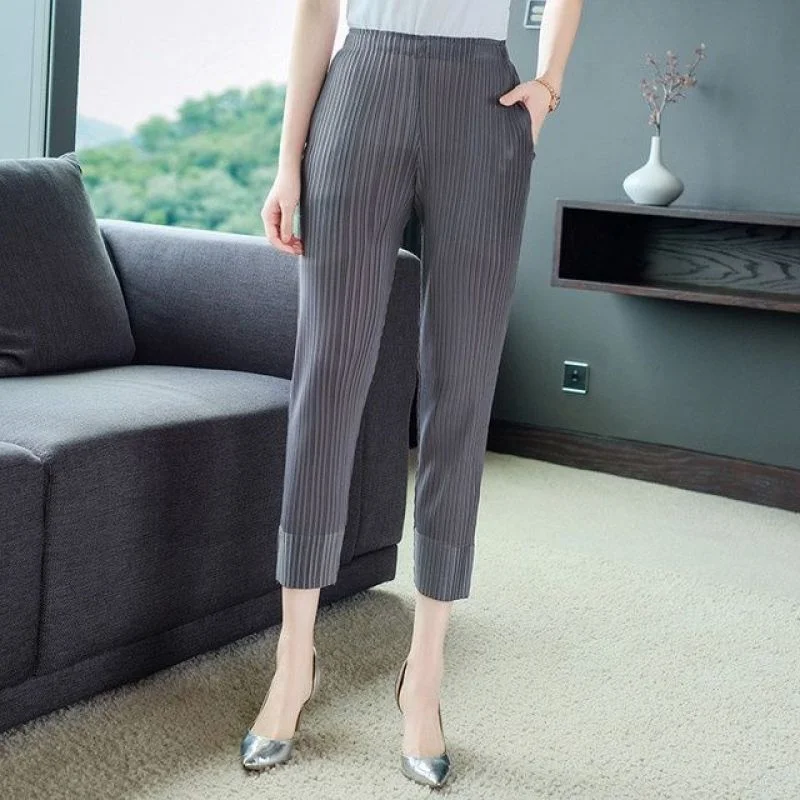 Casual Ice Silk Women's Pants Summer New Style Slimming Harem Pleated Cuffed  Color Polyester Low Waist Teen Girls