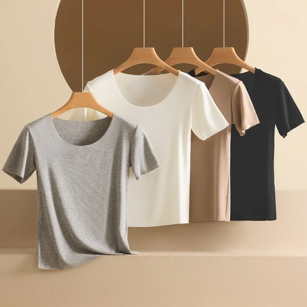 

U Round Neck Women Thin T-shirts Korean Style Short Sleeved Female Crop Tops Modal Undershirt Base Shirt Spring Summer