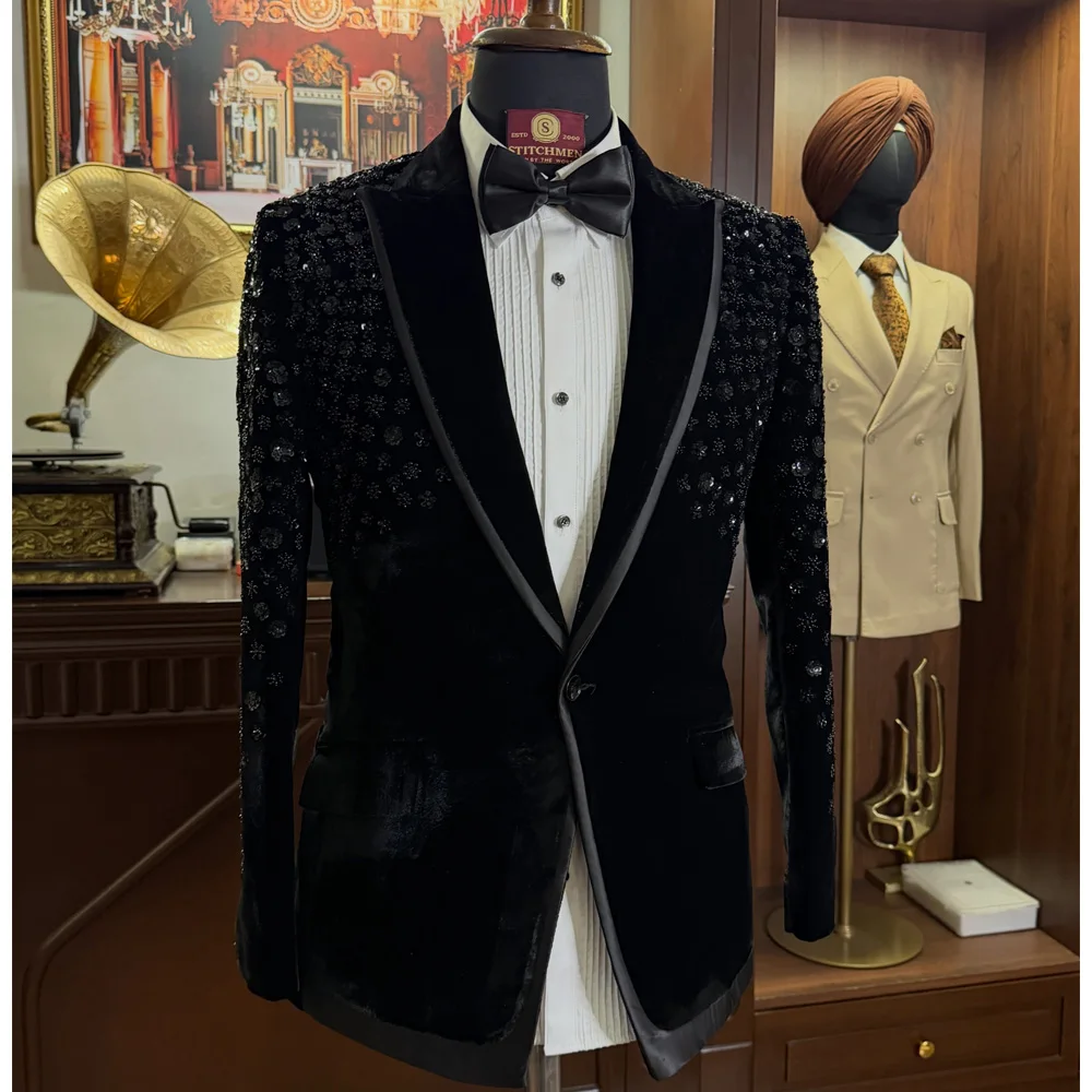 Men's Black Velvet Tuxedo Suit Sequin Beaded Blazer Slim Fit Luxury Formal Party Dinner Wedding Prom Suit Jacket