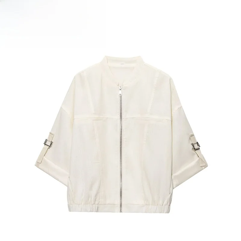 ZBZA Primavera delle nuove donne Faionable Linen Blend Roll up Sve Jaet Casual Loose Fit Lungo Sve Chiusura con cerniera Colore