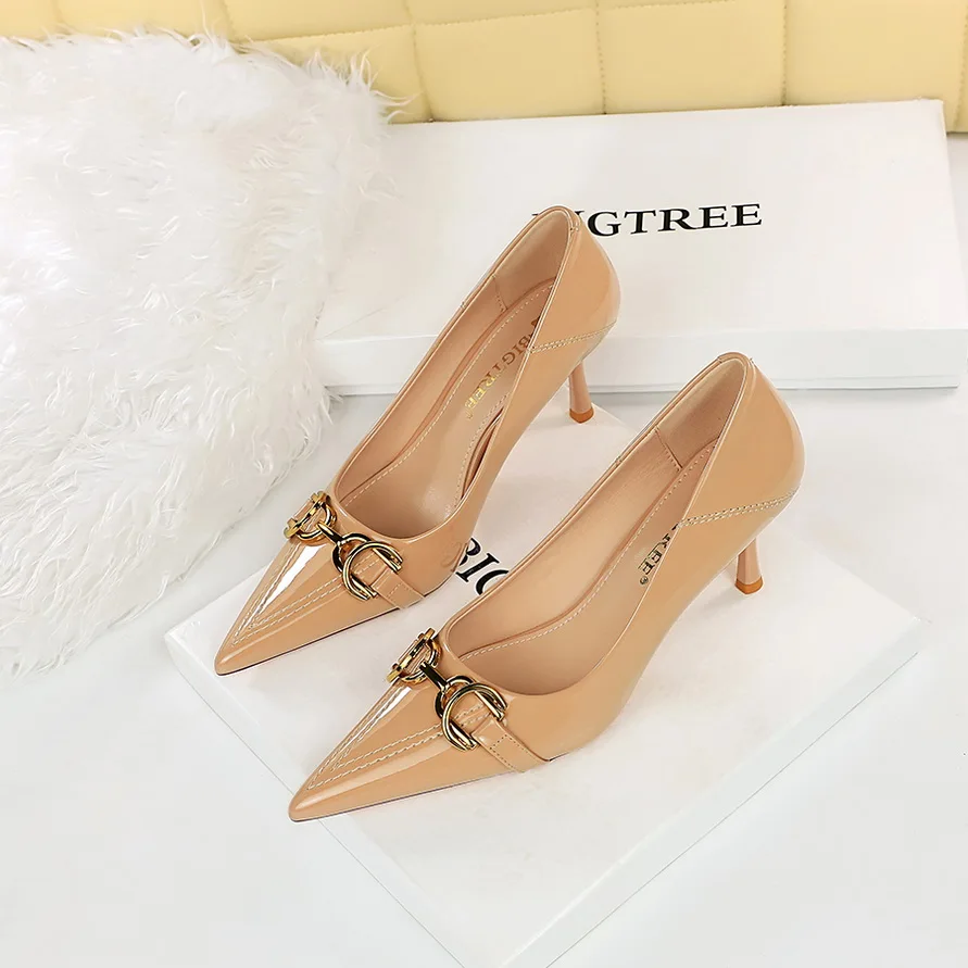 

BIGTREE Summer Metal Button Woman Pumps Patent Leather High Heels Luxurious Sexy Party Shoes Stripper Stiletto Large Size 43