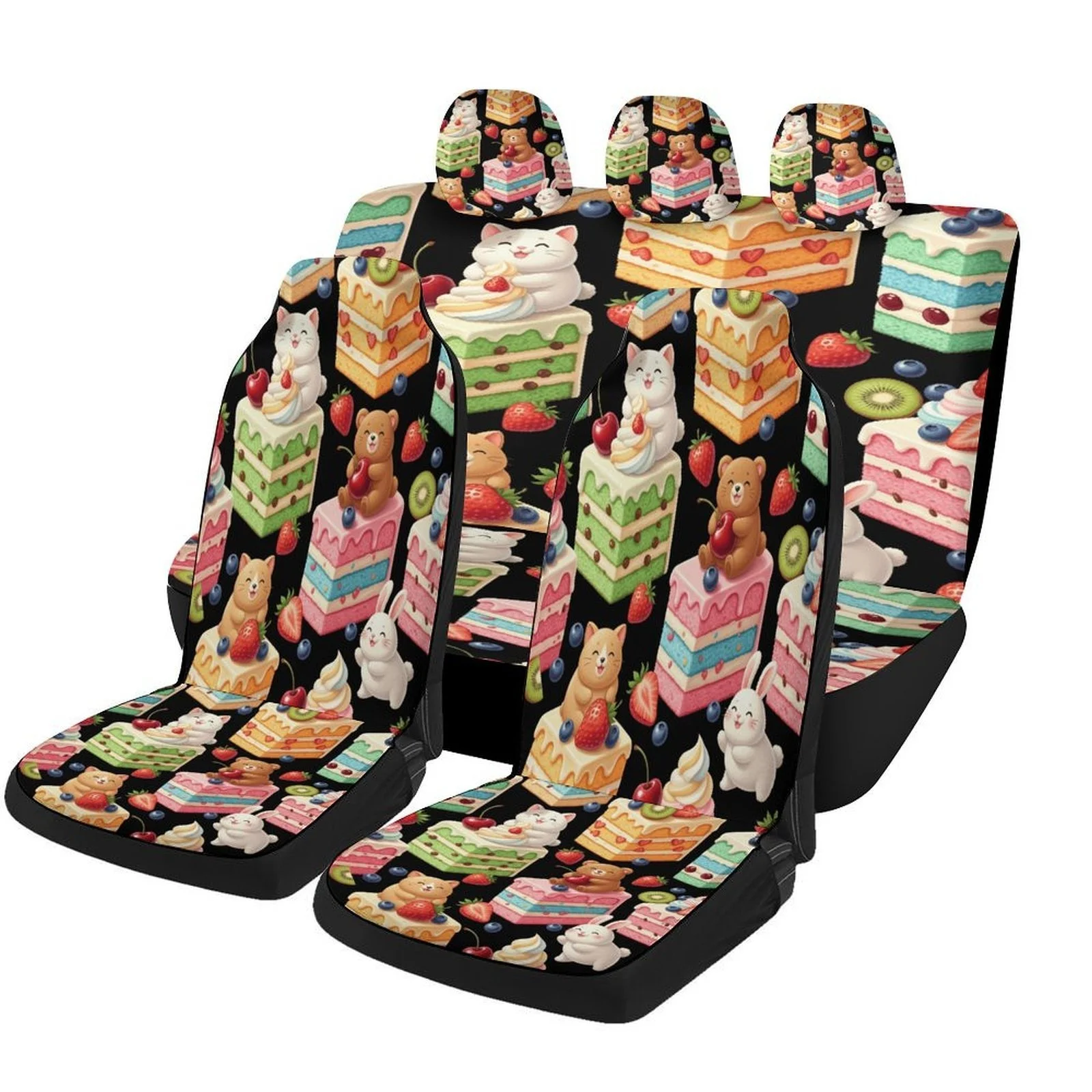 Cute Animal Cakes Themed Car Seat Cover Set For Most Cars, Trendy High-quality Car Seat Protector Covers Full Set, Universal Car