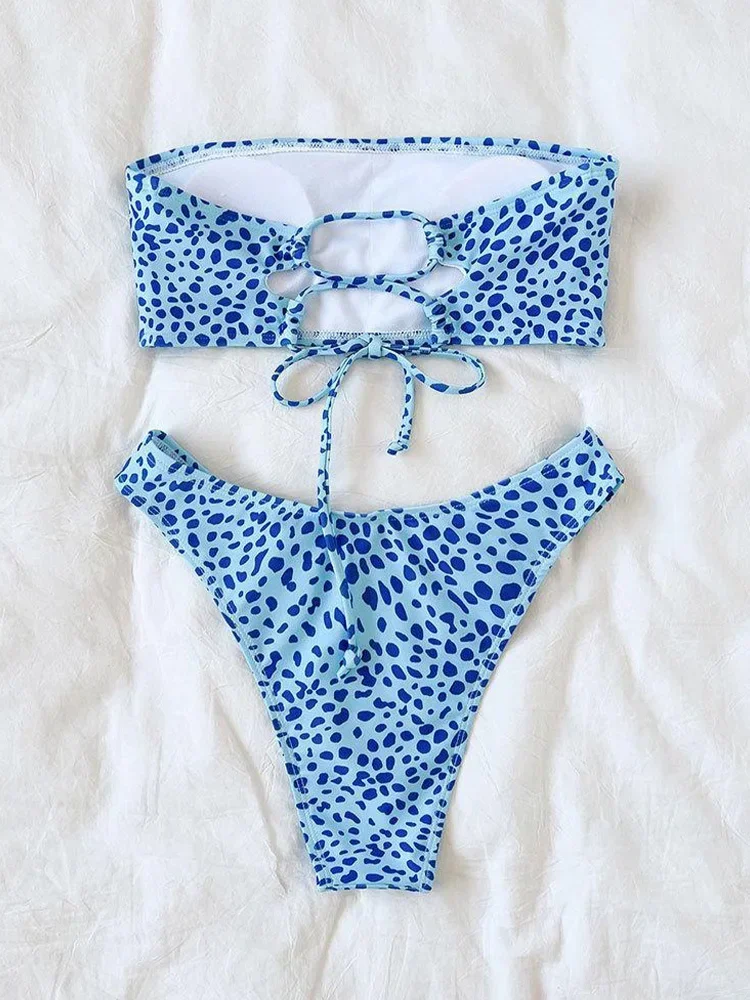 Сексуальный комплект бикини без бретелек с принтом, женский купальник со шнуровкой и разрезом, пляжные бикини с высокой талией, новинка 2025 года, летний купальник, комплект бикини