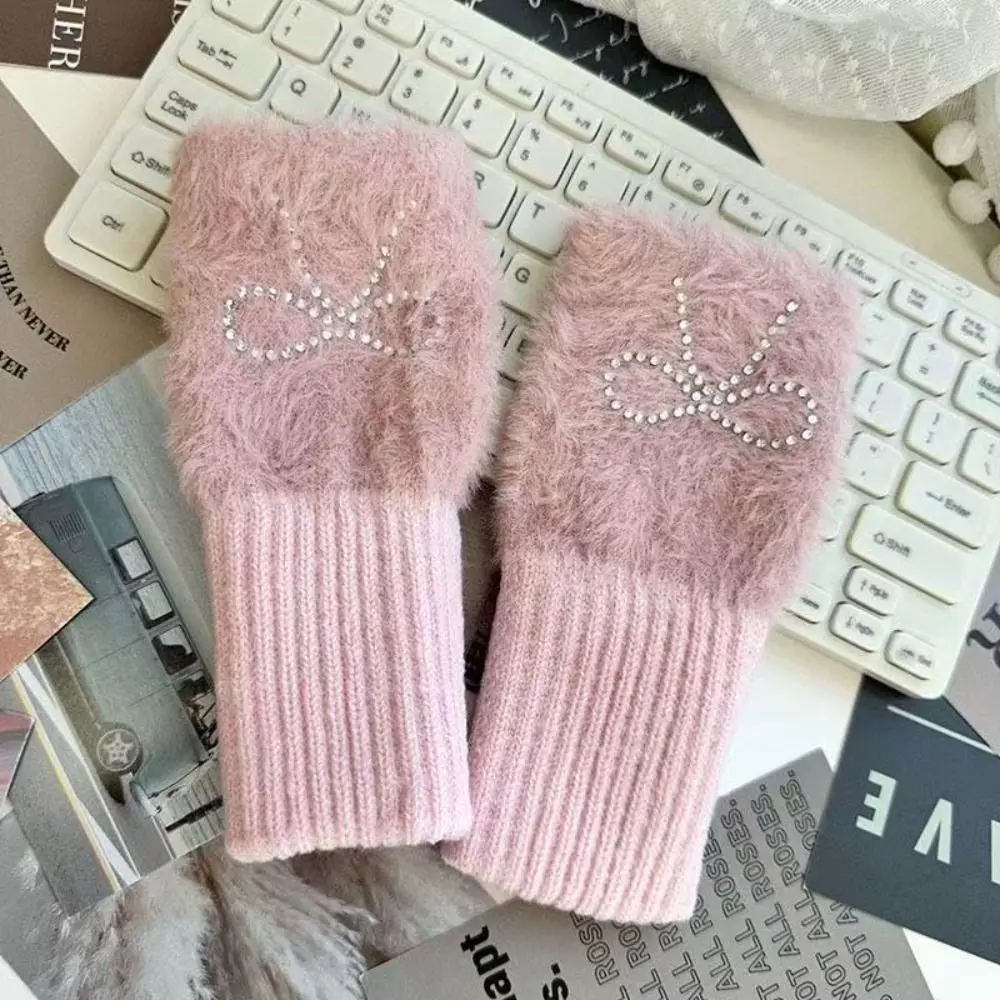 캐주얼 보우 장갑 핫픽스 라인스톤 단색 니트 장갑 한국 스타일 손가락 없는 반장갑 운전용