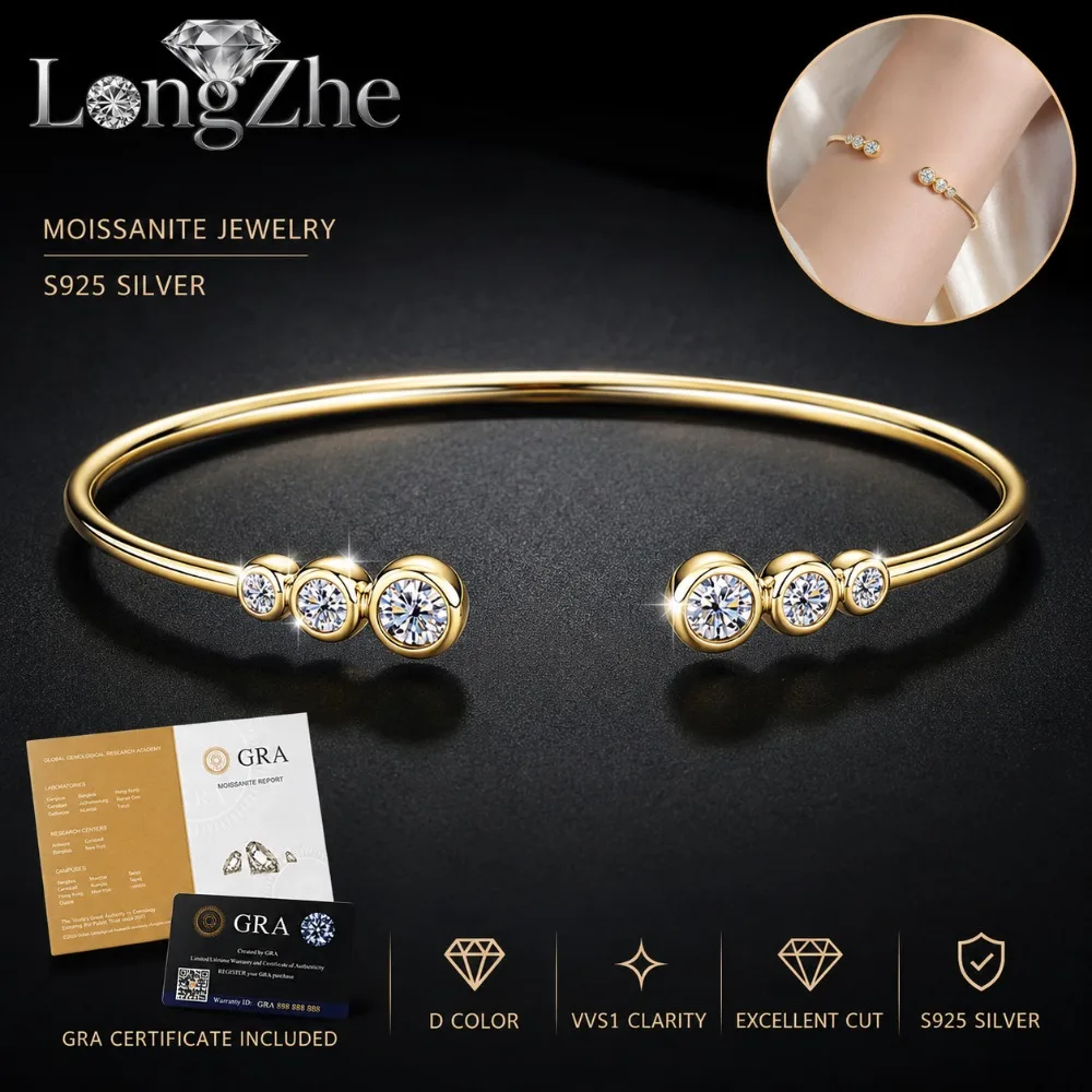 Moissanite Open Cuff Bracelet for Women 1.8CT Graduated Round Cut S925 Sterling Silver Six Stone Bangle Anniversary Gift