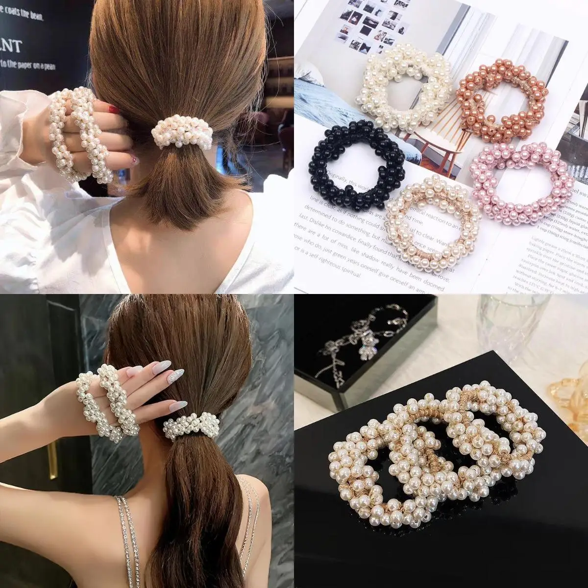 Faux Pearl Beaded Hair Tie Elegant Hair Rope Rhinestone Hair Ring Elastic Ponytail Holder Hair Accessories For Women