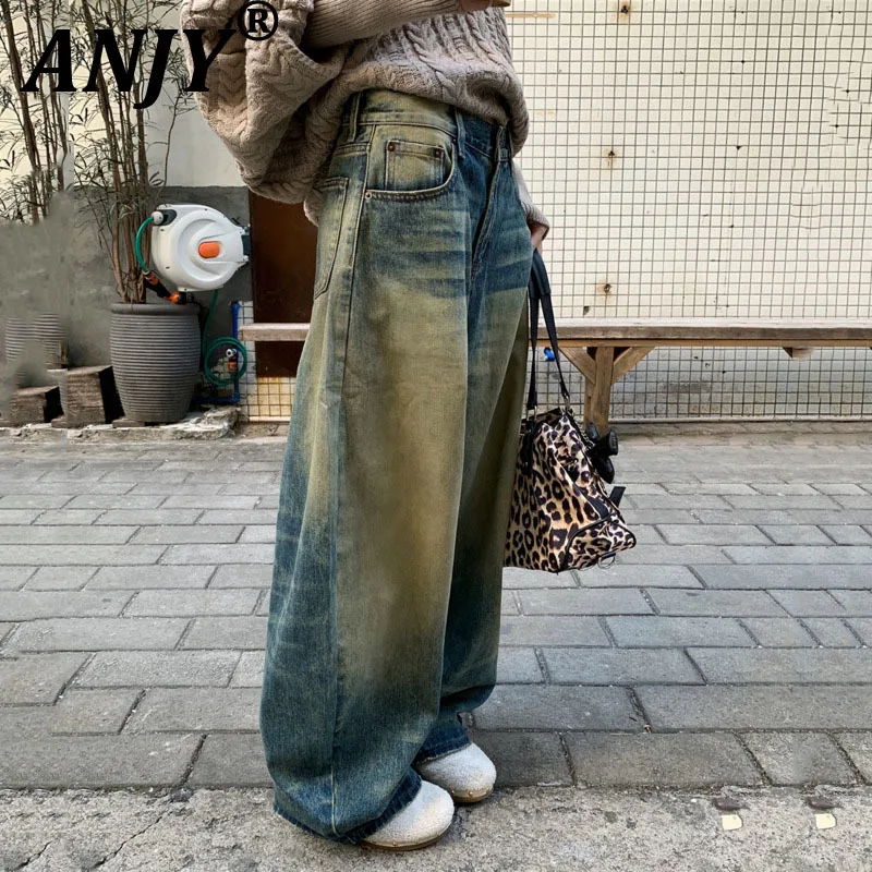 

ANJY, осенне-зимние новые женские винтажные модные джинсы в американском уличном стиле, свободные шикарные стильные широкие джинсовые брюки A17842