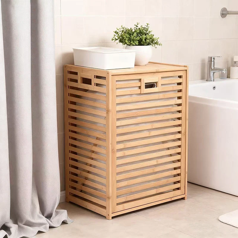 Bamboo laundry cabinet with storage top-hidden clothes basket,