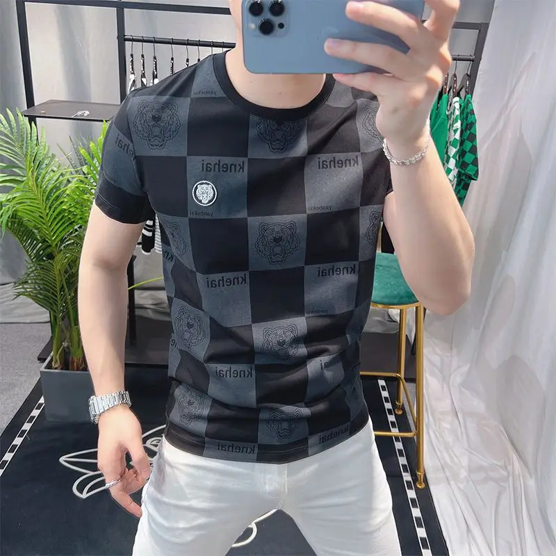 New Summer Trendy Brand Short-sleeved T-shirt Men's Tiger Head Plaid Round Neck Personality Trendy Half-sleeved Handsome