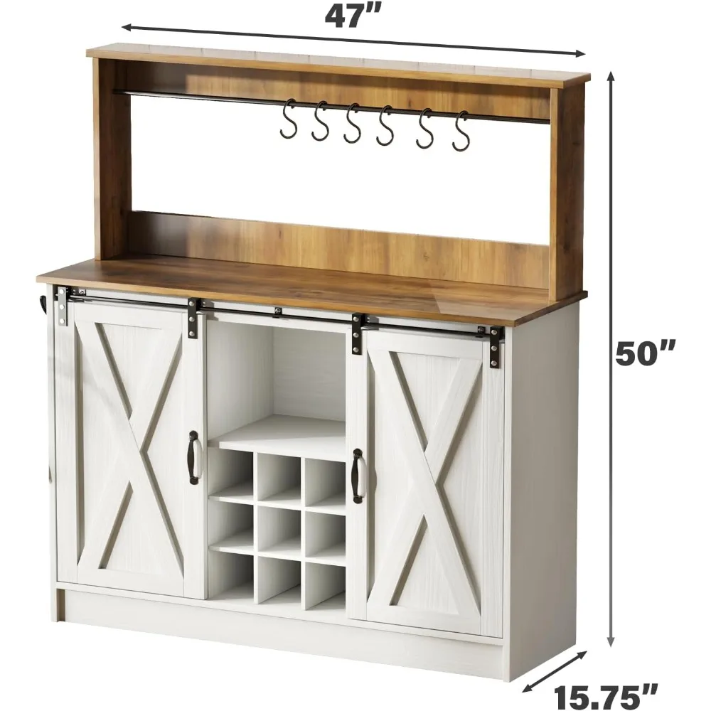 Farmhouse Coffee Bar Cabinet with 6 Hooks, 47'' Kitchen Coffee Bar with Hutch and 9 Wink Racks, White Coffee Bar Table