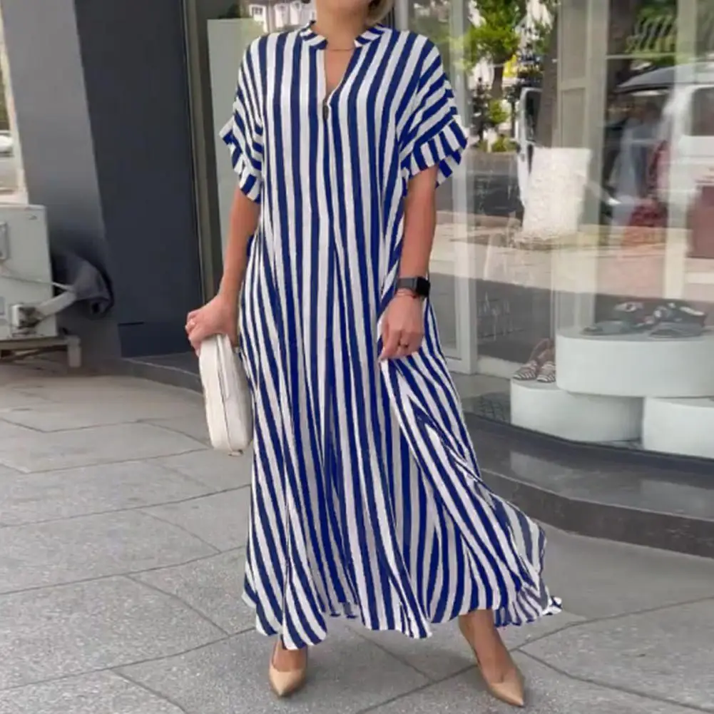 

Casual Long Loose Long Sleeve Shirt Dresses Women's Elegant Striped Print Color Matching V Neck Commute Dresses 2024 Summer