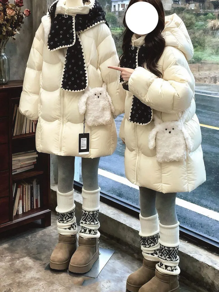 

Женское зимнее пальто средней длины из хлопка в корейском стиле, утепленное, с длинными рукавами, с капюшоном, свободного кроя, однотонное, для повседневной носки