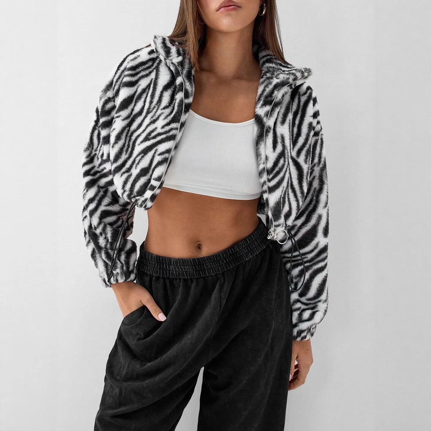 Benuynffy Zebra Stripe Drawstring Hem Faux Fur Coat Women's 2025 Autumn Winter Fashion Y2k Long Sleeve Zip Up Crop Jacket Top