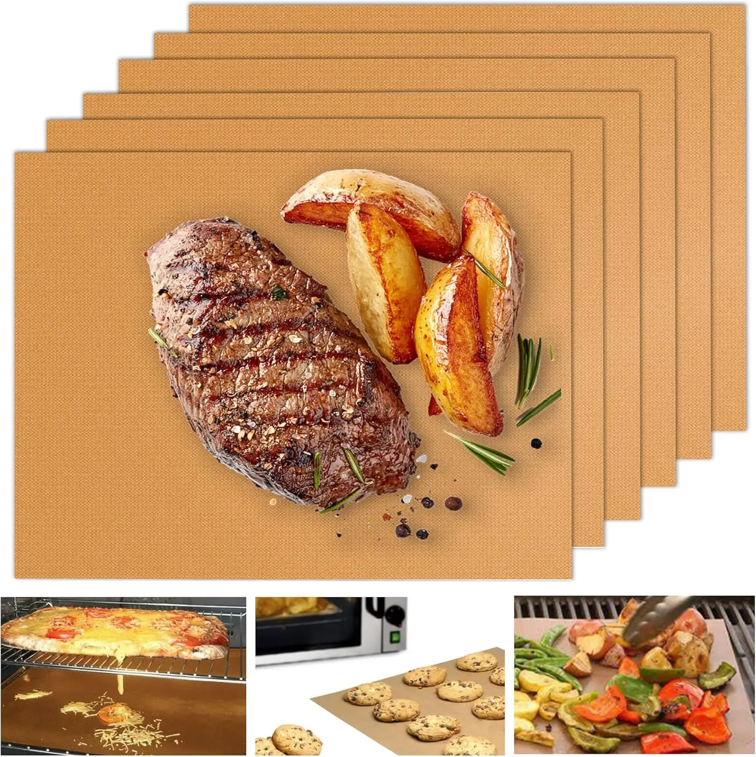 

UBeesize 6-Pack Copper BBQ Mats – 15.75"x13" Heavy Duty Non-Stick Reusable Grill & Baking Sheets