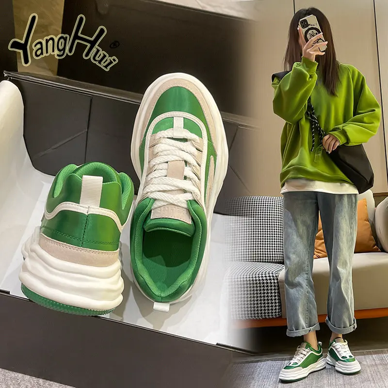 

All-Match Increase Thick Bottom Platform Sneakers Green 2023 New Fashion Comfortable Sports Outdoor Non-SLIP Women's Shoes