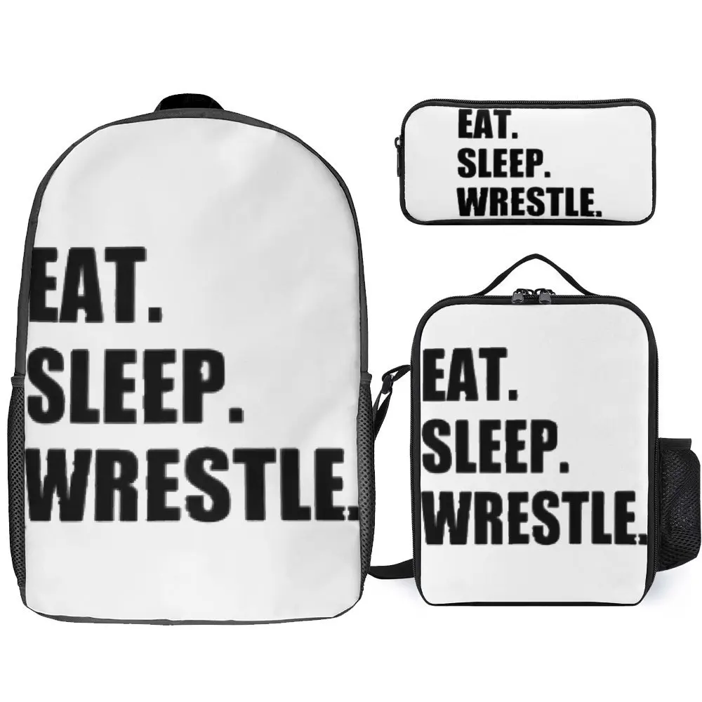 

Eat Sleep Wrestle Wrestling Design Essential T 3 in 1 Set 17 Inch Backpack Lunch Bag Pen Bag Schools Hot Sale Secure Toothpaste